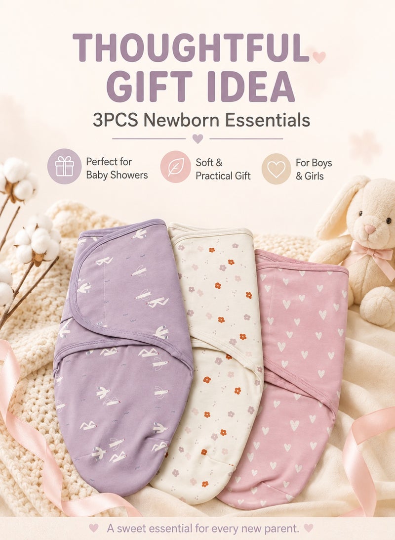 insular 3PCS Baby Swaddle Wrap, 100% Cotton Adjustable Newborn Swaddles, Soft Breathable Sleep Sack for 0-4 Months Infant(Pink/ Purple/White) - Image 5