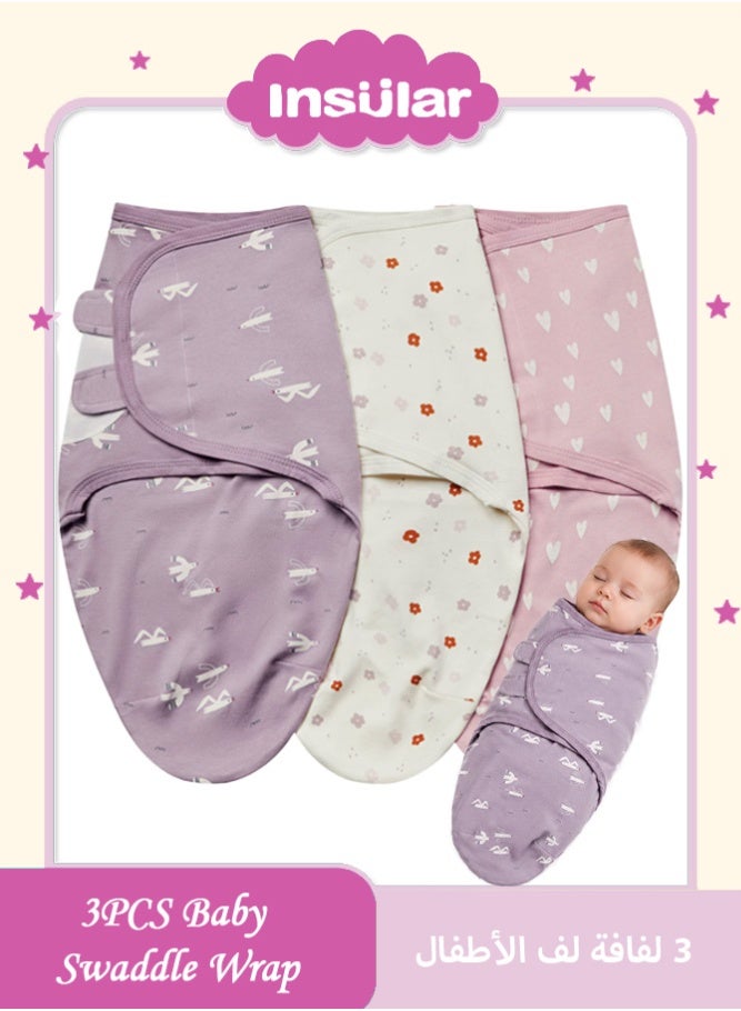 insular 3PCS Baby Swaddle Wrap, 100% Cotton Adjustable Newborn Swaddles, Soft Breathable Sleep Sack for 0-4 Months Infant(Pink/ Purple/White) - Image 1