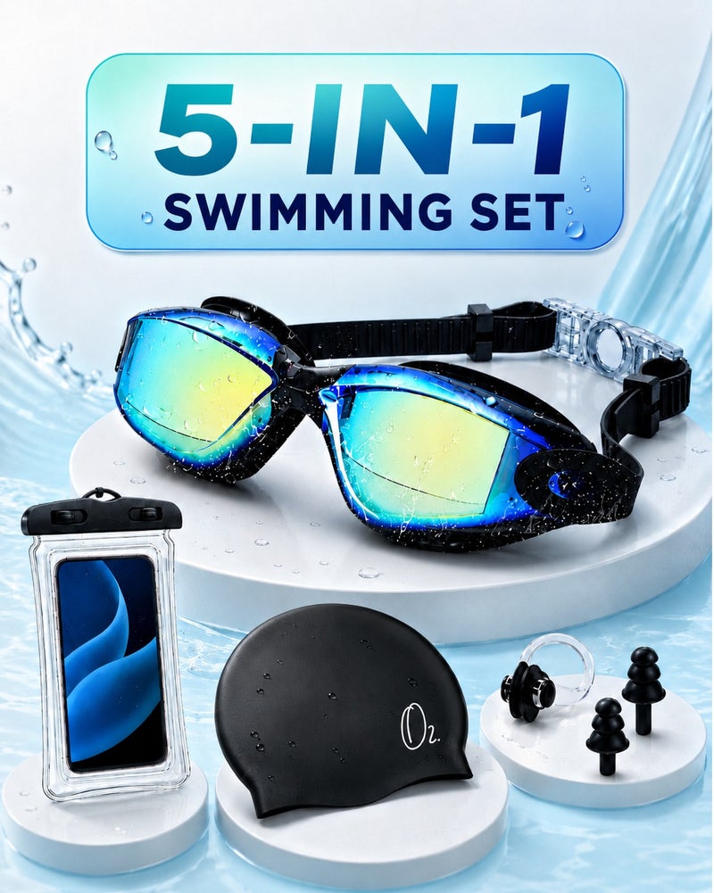 O2. 5-in-1 Anti-Fog Swimming Goggles Set with Swim Cap, Ear Plugs, Nose Clip and Waterproof Phone Pouch, Leak-Proof UV Protection Swim Goggles with Adjustable Strap for Men, Women and Teens - Image 1