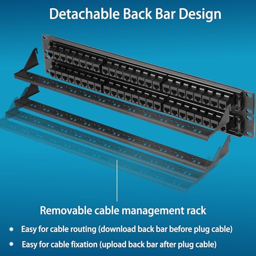 Rapink Patch Panel 48 Port Cat6A with Inline Keystone 10G Support, Pass-Thru Coupler UTP 19-Inch with Removable Back Bar, 2U Network Patch Panel for Cat6A,Cat6, Cat5e, Cat5 Cabling - Image 5