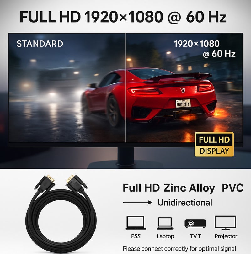 COMPIX VGA Cable 5M, 15 Pin Male to Male High Speed 1080P Full HD Display Cable, Durable Premium Monitor Cord for Strong Signals, VGA Cables for Computer Mac Mini PC Gaming Laptop MacBook - Black - Image 4