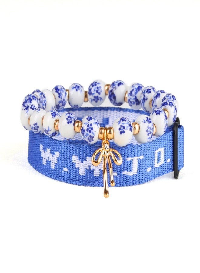 Fulbelle WWJD Bracelet Set for Women Christian Faith Ceramic Beaded Stretch with Adjustable Band Daily Gift Blue - Image 1
