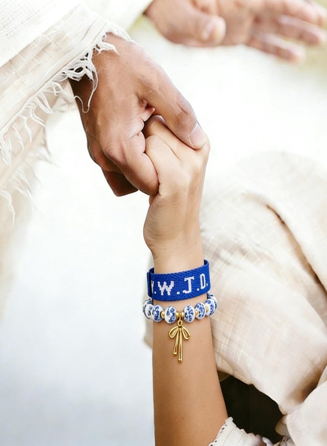 Fulbelle WWJD Bracelet Set for Women Christian Faith Ceramic Beaded Stretch with Adjustable Band Daily Gift Blue - Image 2