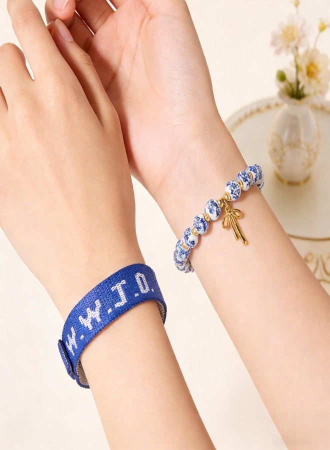 Fulbelle WWJD Bracelet Set for Women Christian Faith Ceramic Beaded Stretch with Adjustable Band Daily Gift Blue - Image 5