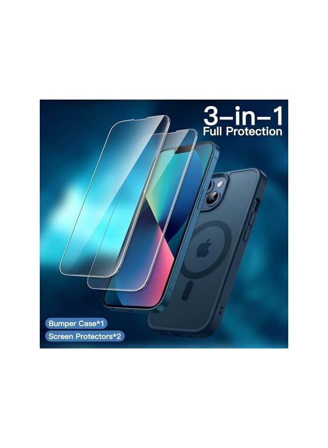 جي تيك جراب مغناطيسي 3 في 1 لهاتف iPhone 13 mini مقاس 5.4 بوصة مع قطعتين من واقيات الشاشة الزجاجية المقواة، متوافق مع MagSafe، غطاء خلفي شفاف غير لامع مقاوم للصدمات (أزرق عاصف) - Image 3