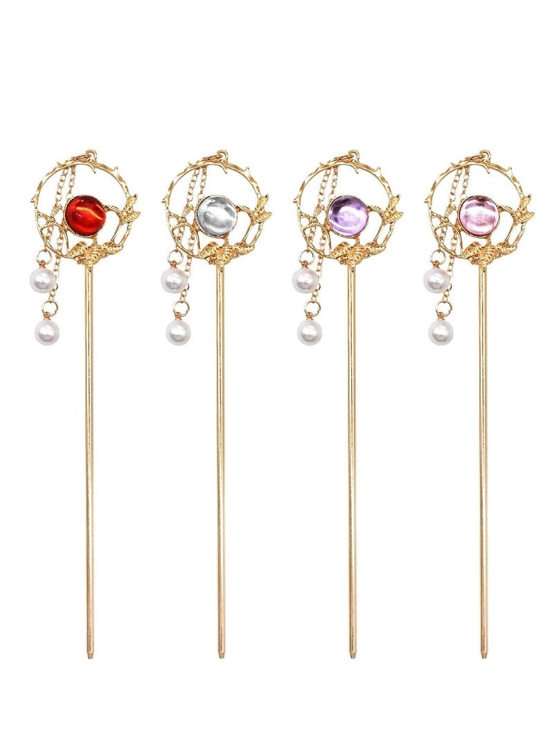 Captaintech Vintage Hair Sticks, 4pcs Antique Hair Pins Chinese Hair Stick Retro Tassel Hair Stick Hair Chopsticks Vintage Long Hair Hairpin Metall Chignon Pin with Pearl and Crystal for Women Girls - Image 1