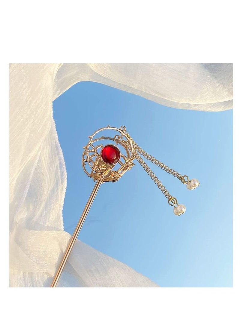 Captaintech Vintage Hair Sticks, 4pcs Antique Hair Pins Chinese Hair Stick Retro Tassel Hair Stick Hair Chopsticks Vintage Long Hair Hairpin Metall Chignon Pin with Pearl and Crystal for Women Girls - Image 3