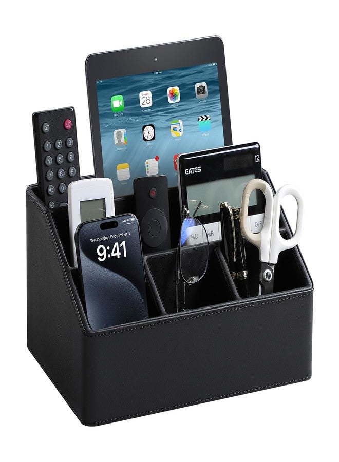 MEIBOOCH PU Leather Desk Organizer, Luxury Remote Control Holder for Home, Office Desk Accessories Table Caddy Bedside Nightstand Organizer (Black) - Image 1