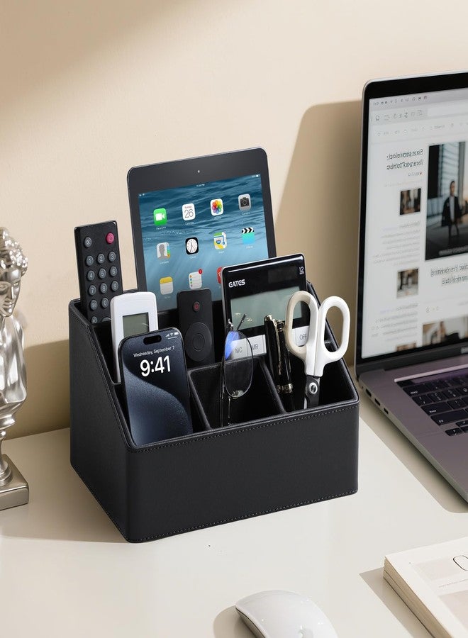MEIBOOCH PU Leather Desk Organizer, Luxury Remote Control Holder for Home, Office Desk Accessories Table Caddy Bedside Nightstand Organizer (Black) - Image 3