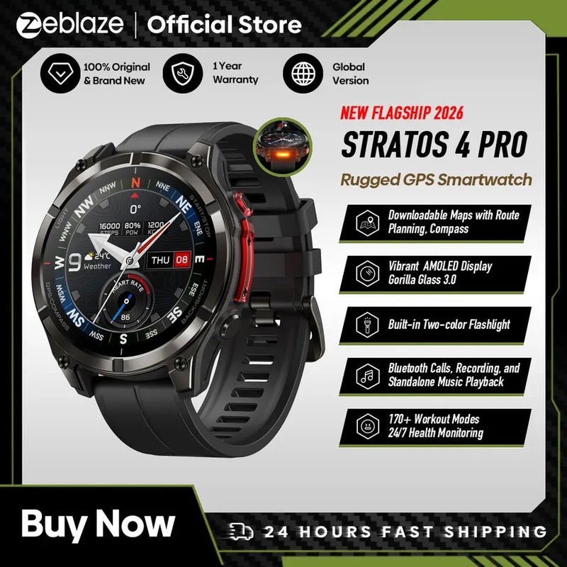 زيبليز ساعة ذكية Zeblaze Stratos 4 Pro GPS Smart Watch 1.43''AMOLED Display Dual-Color Flashlight Music Storage 170+ Workout Modes SmartWatch, Black - Image 2