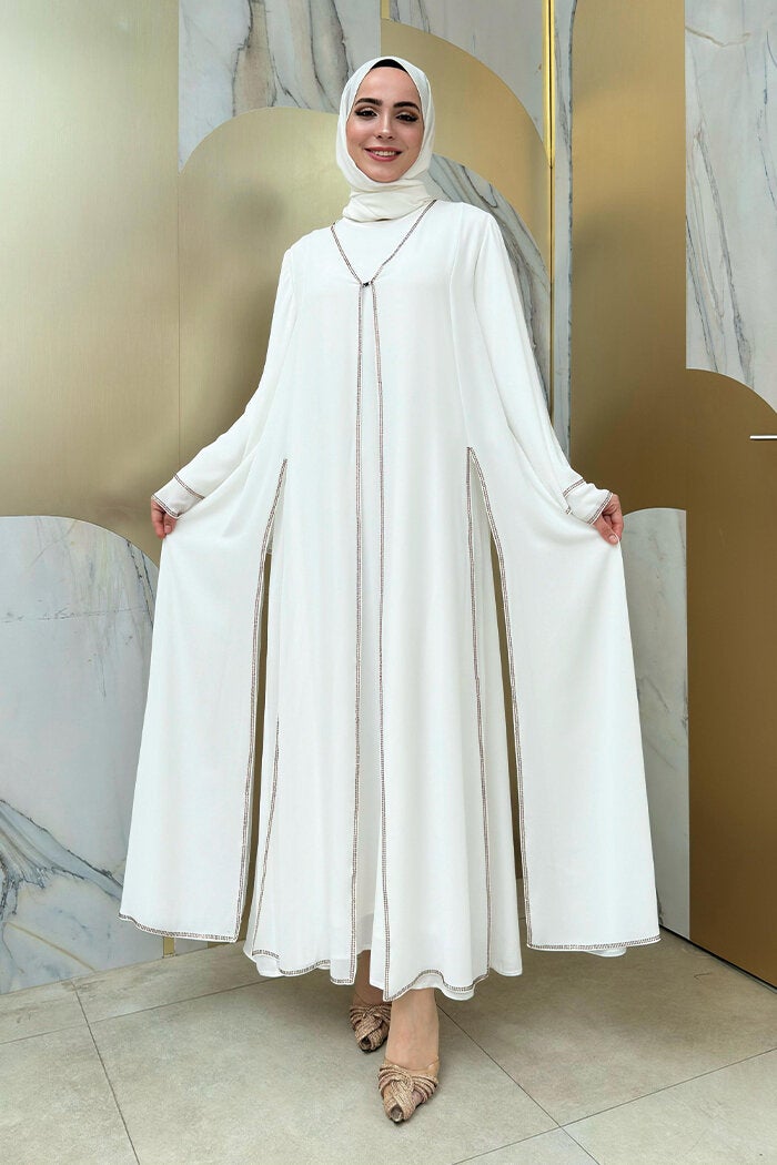 Bym Fashion Stone Embroidery Detailed Dress Abaya Suit 3873 Ecru  - Image 1