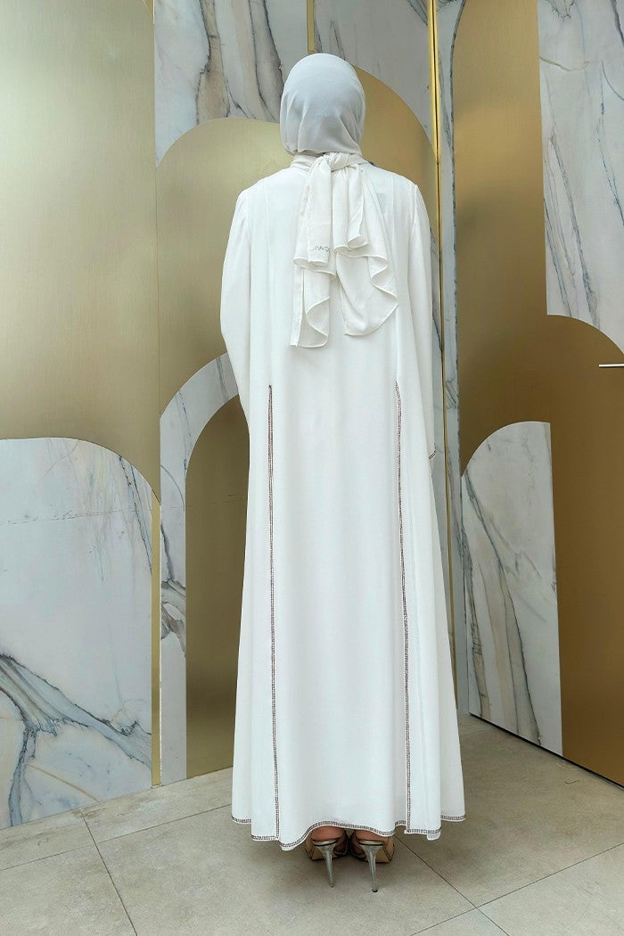 Bym Fashion Stone Embroidery Detailed Dress Abaya Suit 3873 Ecru  - Image 2