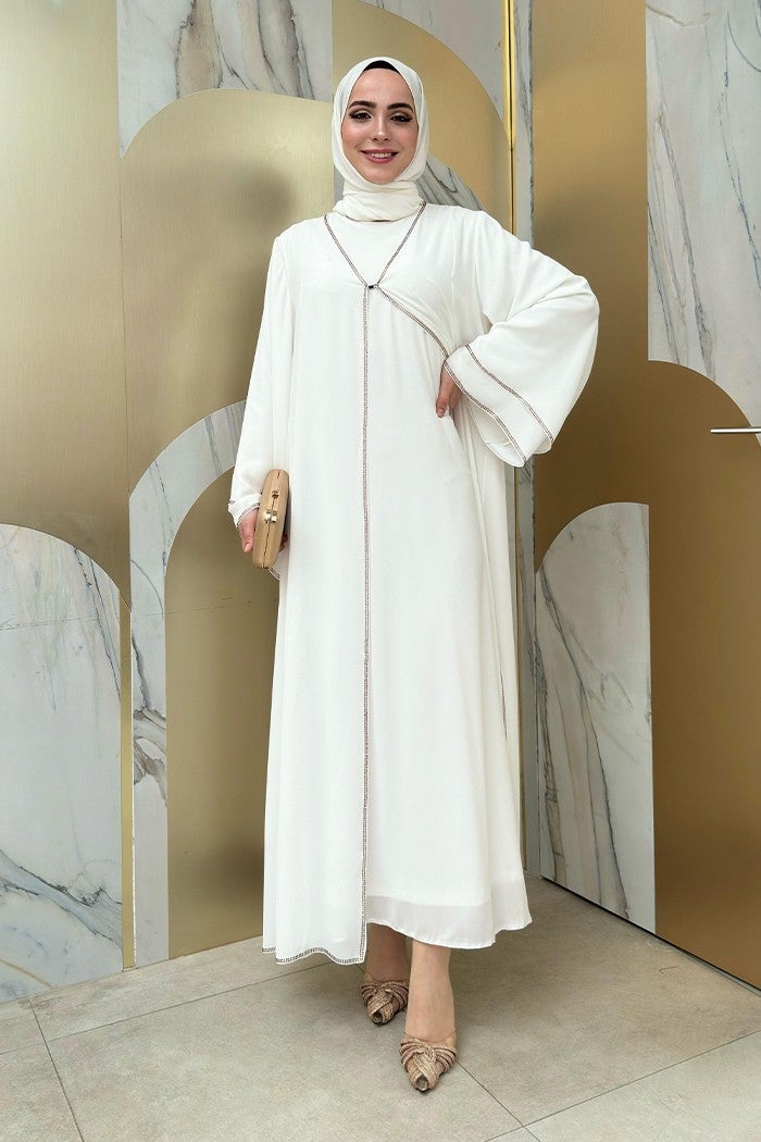 Bym Fashion Stone Embroidery Detailed Dress Abaya Suit 3873 Ecru  - Image 4