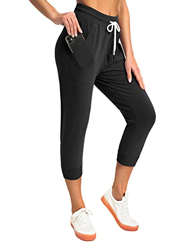 SPECIALMAGIC Women's Sweatpants Cropped Jogger French Terry Running Pants Lounge Loose Fit Drawstring Waist with Side Pockets Black Large - Image 4