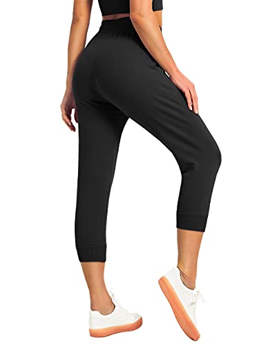 SPECIALMAGIC Women's Sweatpants Cropped Jogger French Terry Running Pants Lounge Loose Fit Drawstring Waist with Side Pockets Black Large - Image 3