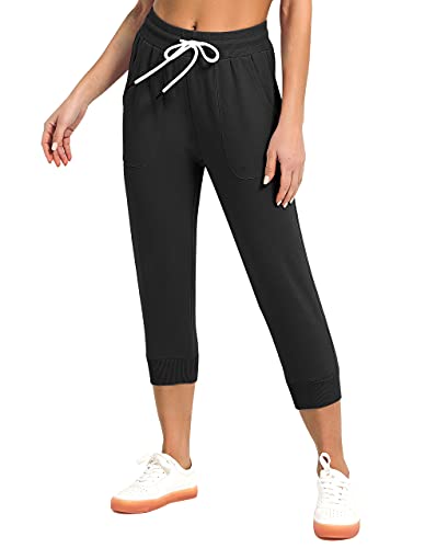 SPECIALMAGIC Women's Sweatpants Cropped Jogger French Terry Running Pants Lounge Loose Fit Drawstring Waist with Side Pockets Black Large - Image 2