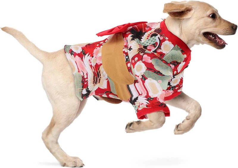 klarako 1pc Clothes for Pets Dog Japanese Kimono Dog Holiday Outfit Floral Pet Dress Pet Kimono Dress pet Warm Coral Floral Pet Christmas Costume Puppy Outfits Dog Clothes Bow tie Flowers - Image 2