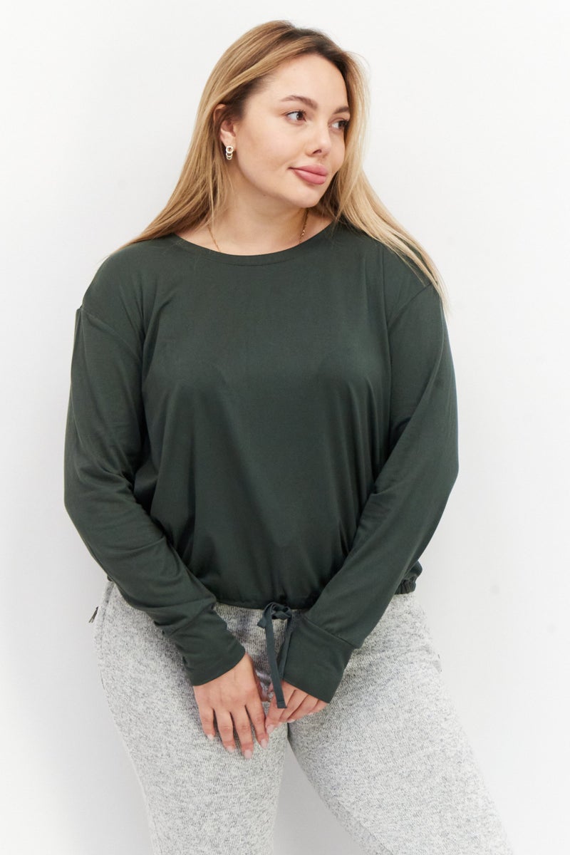 Fit Collective سويت شيرت قصير بسيط بياقة دائرية للنساء، زيتوني داكن - Image 1