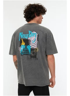 Anthracite Men's Relaxed Fit Crew Neck Short Sleeve Acid Wash Printed T-Shirt