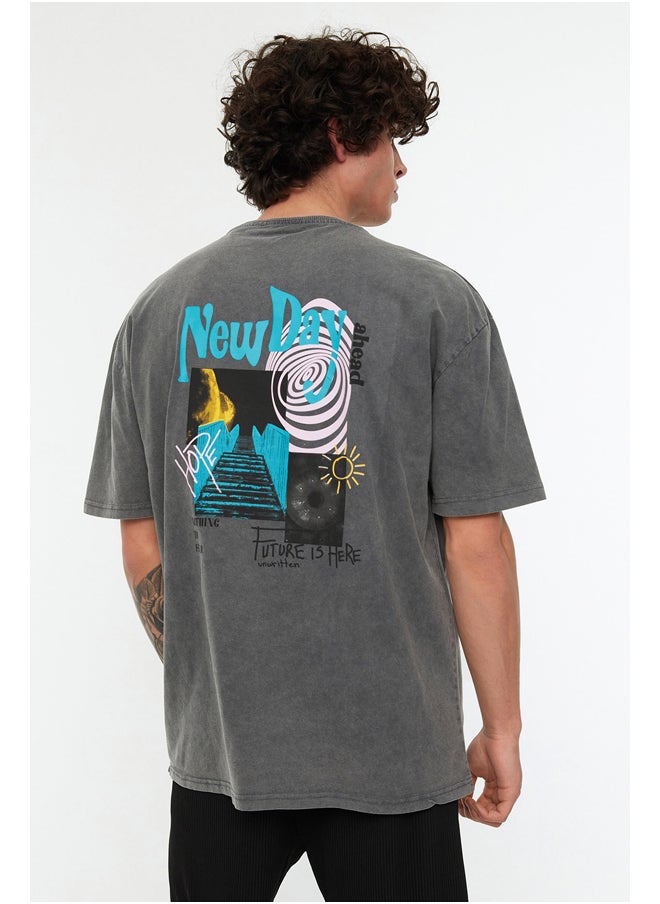 trendyol - Anthracite Men's Relaxed Fit Crew Neck Short Sleeve Acid Wash Printed T-Shirt - Image 1