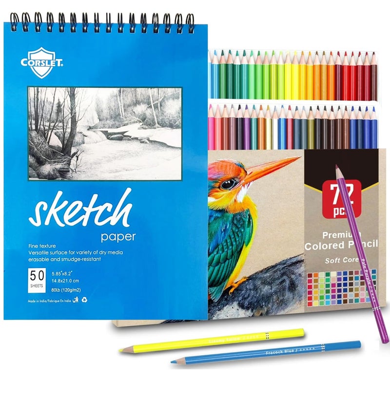 Corslet Set of 72 Colors Artists Colour Pencils Set for Drawing Sketching Shading Coloring Pencils for Adults Beginners Kids Color Pencil Set Pencil Colour Set with A5 Sketch Book 50 Sheets 100 Pages