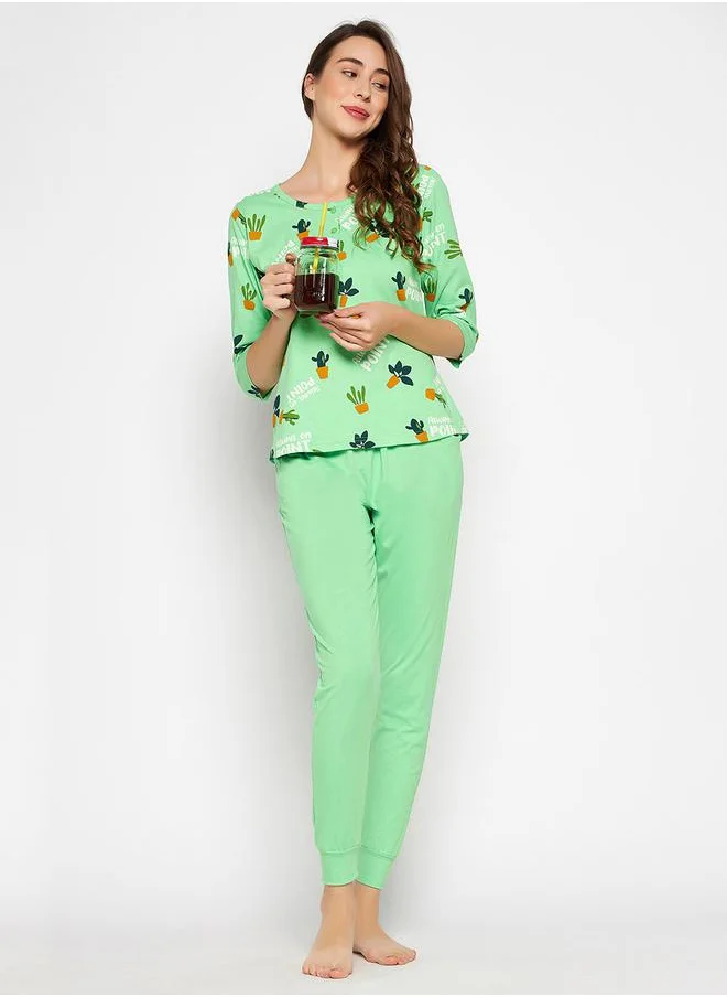 Clovia Cotton Cactus Print Top & Cuffed Pyjama Set by Styli
