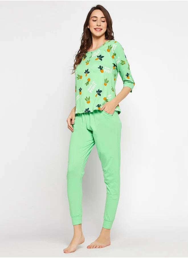 Clovia Cotton Cactus Print Top & Cuffed Pyjama Set by Styli