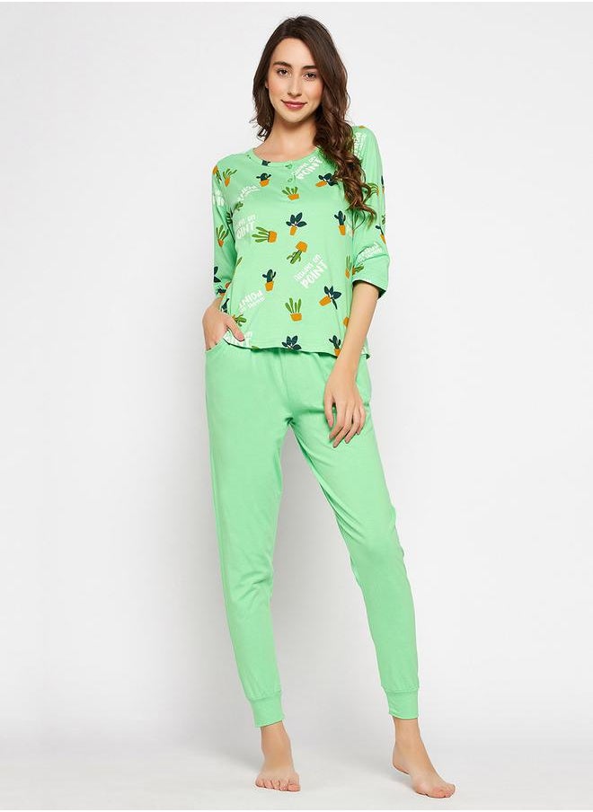 Clovia Cotton Cactus Print Top & Cuffed Pyjama Set by Styli  - Image 2