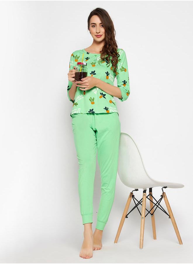 Clovia Cotton Cactus Print Top & Cuffed Pyjama Set by Styli  - Image 1