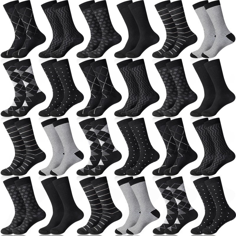 Funnysoft 24 Pair Mens Dress Socks Breathable Comfort Classic Patterns Black Crew Calf Socks Business Crew Socks for Men - Image 1