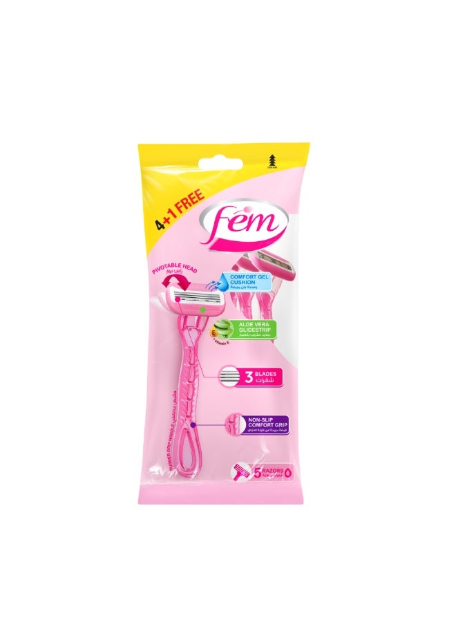 FEM Triple Blade Disposable Razors – (4+1 Razors) | Anti-Cut Design | Pivotable Head for Precision Shaving | Enriched with Aloe Vera for Soothing Skin | Triple Blade Design for Smooth Skin | Non-Slip Comfort Grip - Image 1