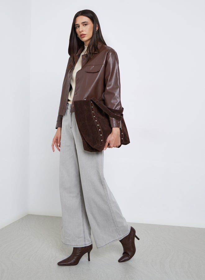 ستايلي جاكيت تراكر بمظهر الجلد مع قصة عادية - Image 2