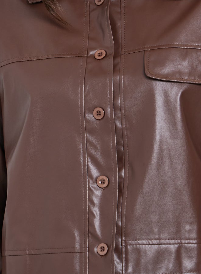 ستايلي جاكيت تراكر بمظهر الجلد مع قصة عادية - Image 4