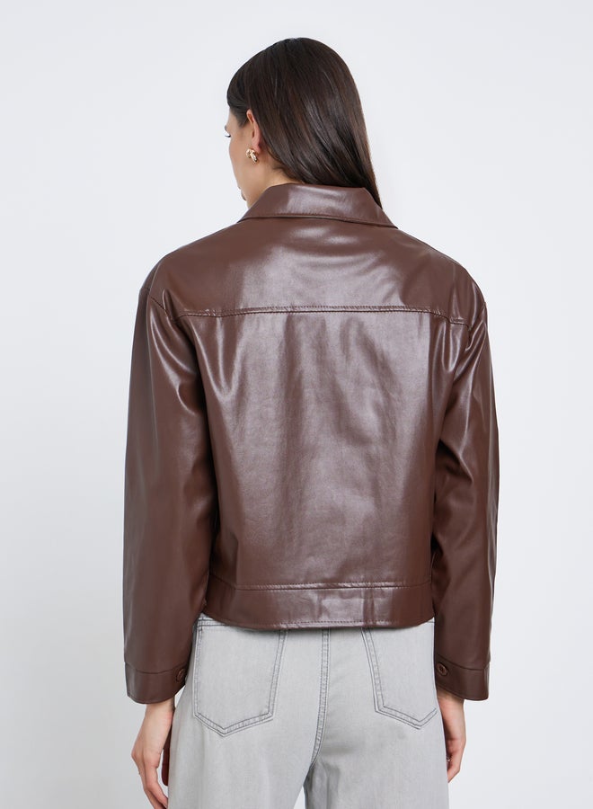 ستايلي جاكيت تراكر بمظهر الجلد مع قصة عادية - Image 5