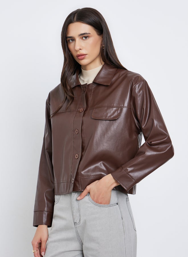 ستايلي جاكيت تراكر بمظهر الجلد مع قصة عادية - Image 3