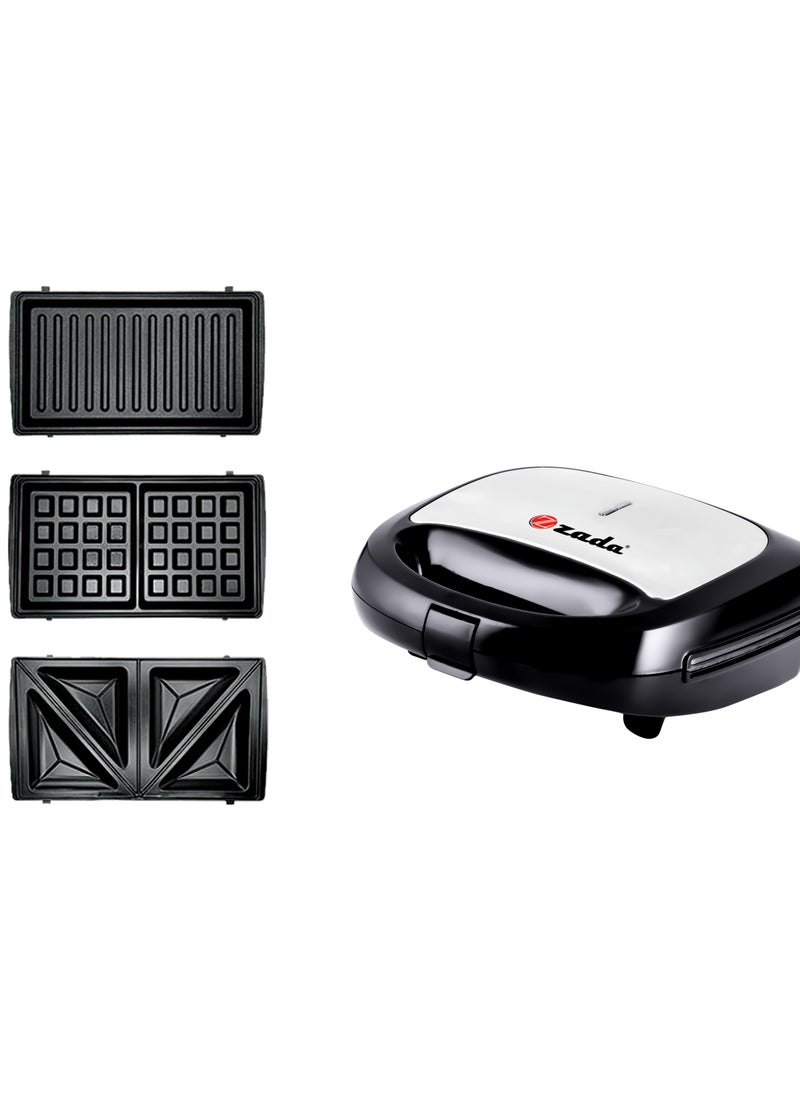 zada 3 In 1 Interchangeable Grill & Waffle& Sandwich Maker, 800 W, silver  - Image 1