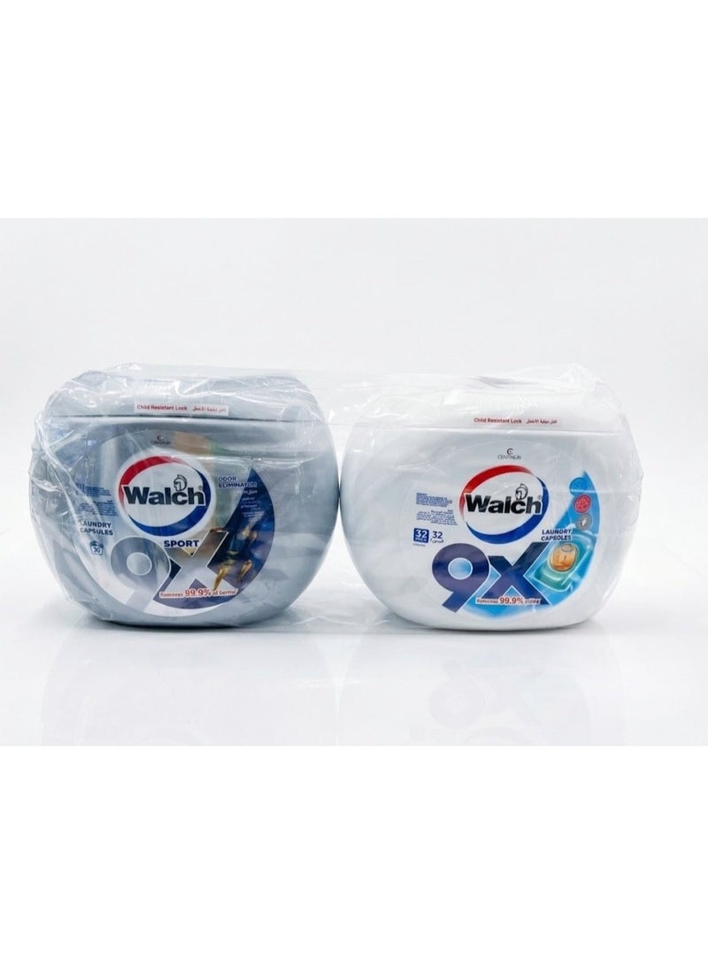 Walch 9X Antibacterial and Sports Laundry Detergent Capsules Bundle (32 Pods + 30 Pods Sport), German Formulated, Plant-Based, Fresh Scent, Kills 99.9% Germs, Anti Dust Mite and Sweat Odor Removal
