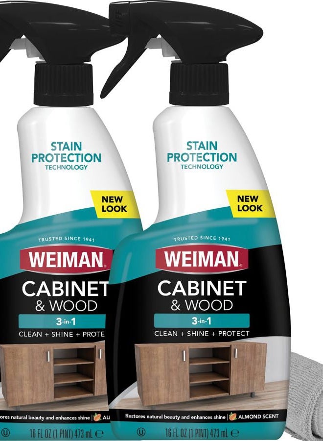 Weiman Cabinet and Wood Cleaner, Shine, Clean and Protect Spray - For Wood Cabinets, Furniture, Tables, Baseboards, Trim & more, 16 oz, 2 PACK with MicroFiber Towel - Image 1