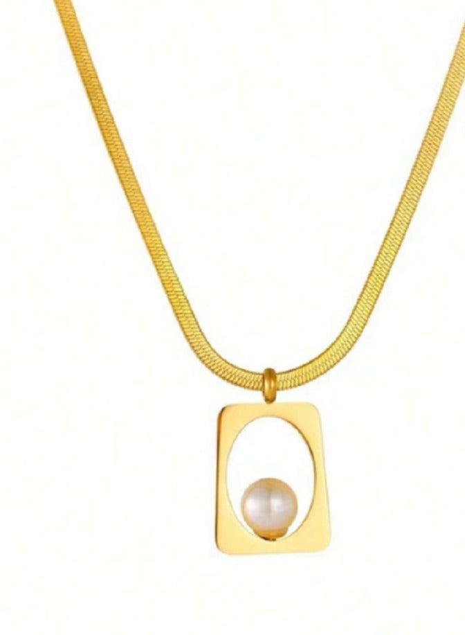 MANIKAN MANIKAN Women's Gold-Colored Necklace with a Square Stainless Steel Pendant Featuring a Shiny White Gem - Image 1