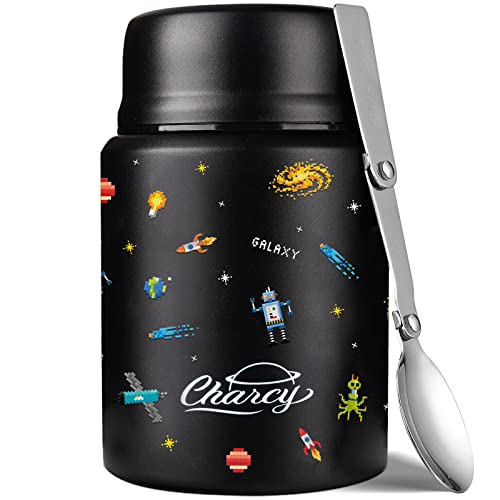 Charcy 17oz Thermo for Hot Food, Soup Thermo Food Container for Lunch Box with Folding Spoon ZB - Black Pixel Space - Image 1