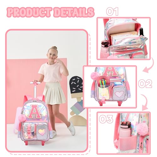 Meetbelify Rolling Backpack for Girls Backpack with Wheels for Elementary Student Kids School Bag with Lunch Box Pencil Case for Girls Ages 6-8 Years Old Purple - Image 4