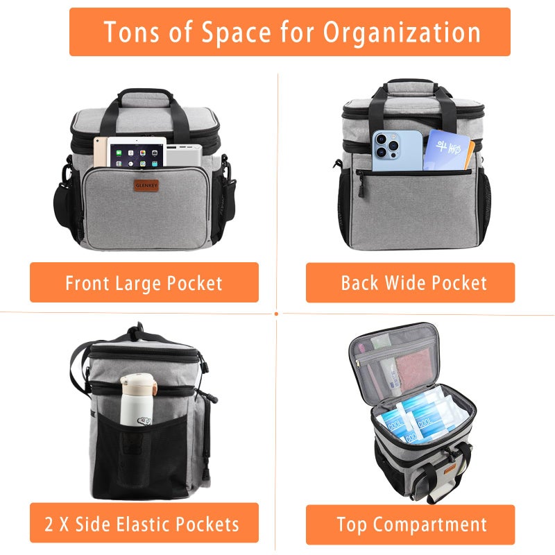 GLENKEY Double Deck Large Lunch Box, Insulated Heavy Duty Lunch Bag Waterproof Leakproof Durable Cooler Bag for Men Women Adults Work Picnic Camping Daytrip,16L,Grey, GLENKEY - Image 3