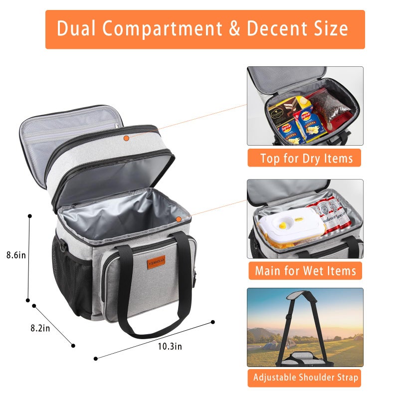 GLENKEY Double Deck Large Lunch Box, Insulated Heavy Duty Lunch Bag Waterproof Leakproof Durable Cooler Bag for Men Women Adults Work Picnic Camping Daytrip,16L,Grey, GLENKEY - Image 2
