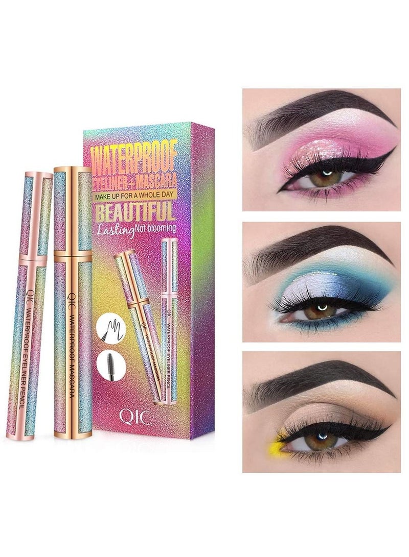 QIC 2 in 1 Eyeliner and Mascara Set Black Liquid Eyeliner Pencil Waterproof Mascara Black Volume and Length Long Lasting Lengthening No Blooming Eyes Makeup Kit - Image 1