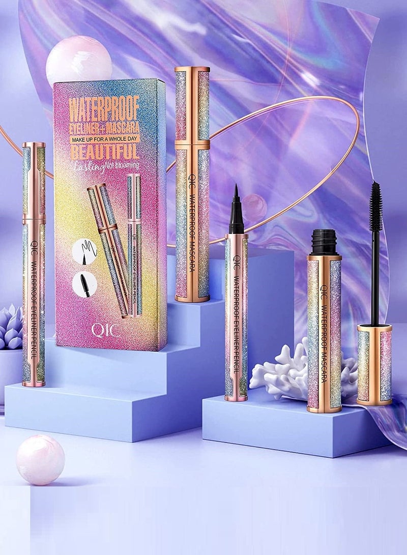 QIC 2 in 1 Eyeliner and Mascara Set Black Liquid Eyeliner Pencil Waterproof Mascara Black Volume and Length Long Lasting Lengthening No Blooming Eyes Makeup Kit - Image 2