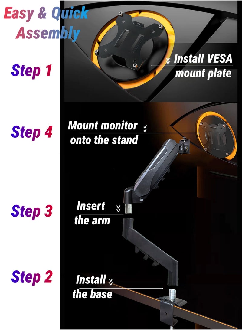 Rock Pow Single Arm Stand Monitor Dest Mount Full Motion Monitor Arm (Holds up  to 9kG) with Gas Spring for 17 to 32 Inch LCD LED Computer Monitor - Image 4