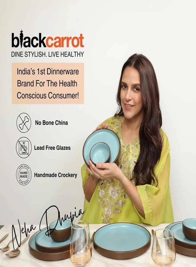 BLACKCARROT أوعية سيراميك من حجر بلاك كاروت، سعة 750 مل لكل وعاء، قطعتان | آمنة للاستخدام في الميكروويف | خالية من رماد العظام | أوعية للسلطة والمعكرونة | طقم أوعية باللونين الفيروزي والبني - Image 4
