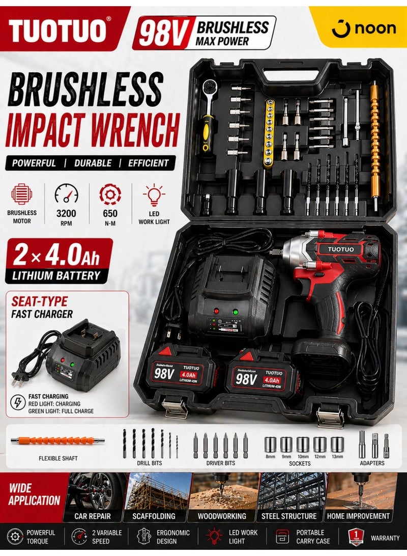 TUOTUO Upgraded Fast-Charging Impact Wrench Set – The Power Source! TUOTUO Power Tools, 98V Brushless Lithium-ion Impact Wrench, High Torque Performance, Equipped with Two 4.0Ah Batteries and a Full Set of Accessories+31-piece ratchet wrench and socket tool set, 14-inch drive screwdriver repair kit, combination socket wrench drive socket set with storage box, suitable for home car and motorcycle repair projects. - Image 1