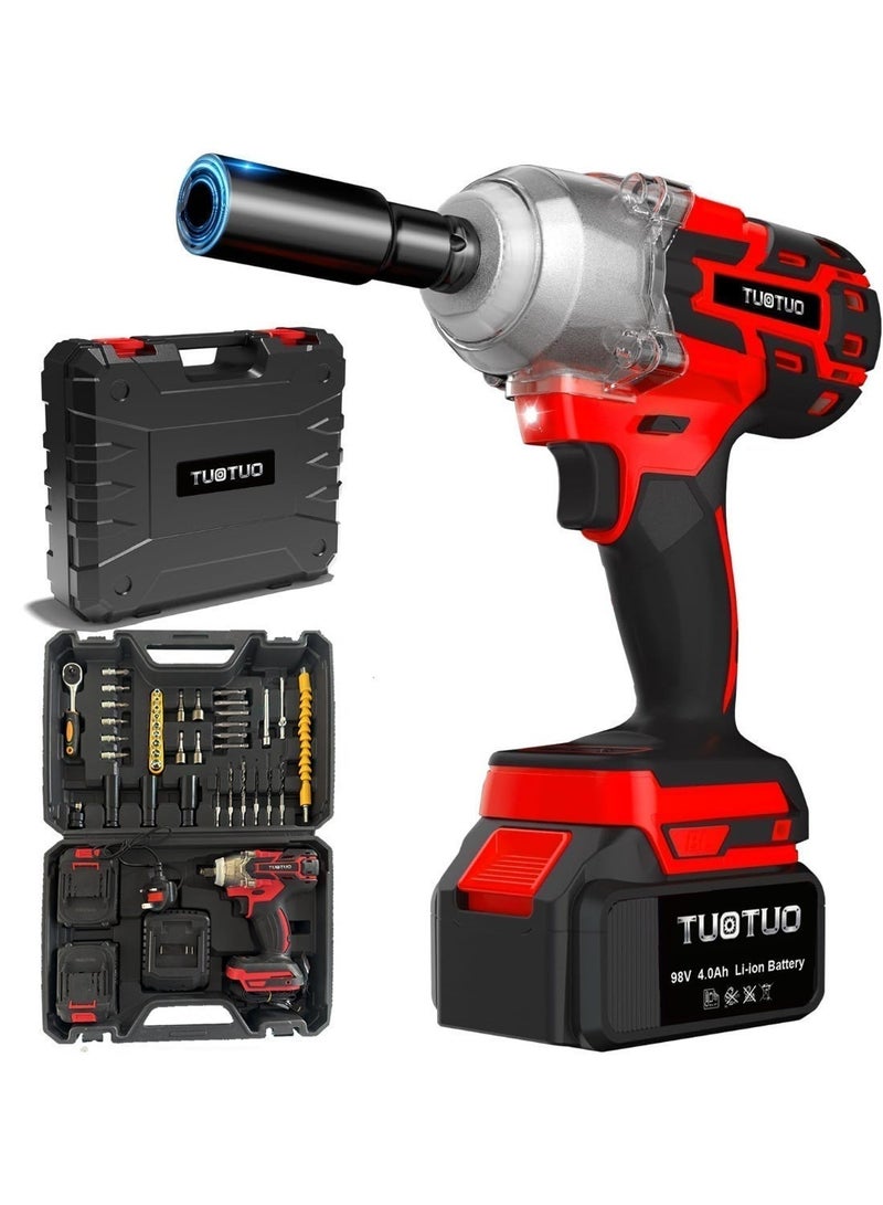 TUOTUO Upgraded Fast-Charging Impact Wrench Set – The Power Source! TUOTUO Power Tools, 98V Brushless Lithium-ion Impact Wrench, High Torque Performance, Equipped with Two 4.0Ah Batteries and a Full Set of Accessories+31-piece ratchet wrench and socket tool set, 14-inch drive screwdriver repair kit, combination socket wrench drive socket set with storage box, suitable for home car and motorcycle repair projects. - Image 3
