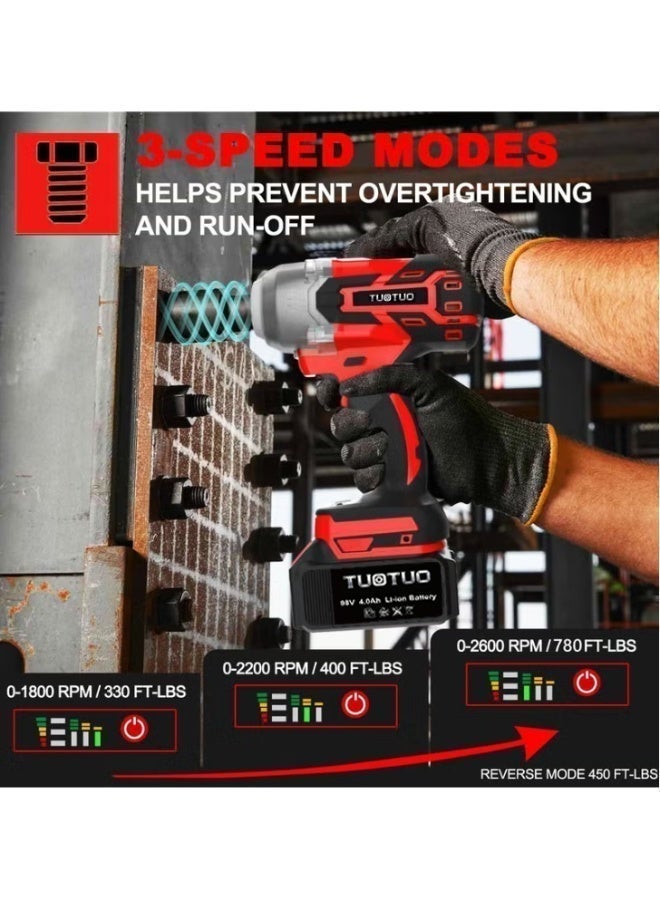 TUOTUO Upgraded Fast-Charging Impact Wrench Set – The Power Source! TUOTUO Power Tools, 98V Brushless Lithium-ion Impact Wrench, High Torque Performance, Equipped with Two 4.0Ah Batteries and a Full Set of Accessories+31-piece ratchet wrench and socket tool set, 14-inch drive screwdriver repair kit, combination socket wrench drive socket set with storage box, suitable for home car and motorcycle repair projects. - Image 4